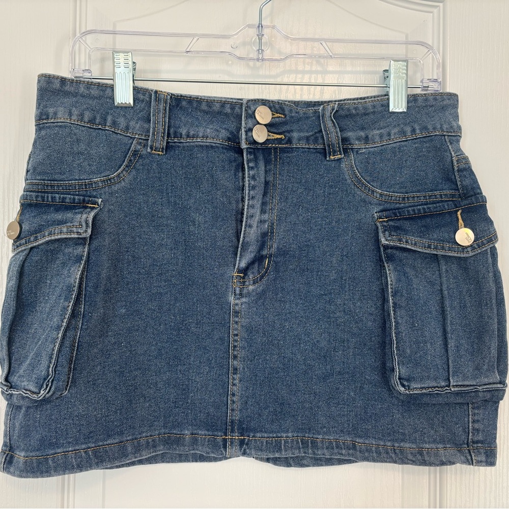 Y2K Blue Denim Mini Cargo Skirt with Pockets - Large